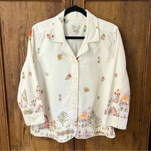 Christopher & Banks Lightweight White Denim Jacket Art Flower Garden Print XL